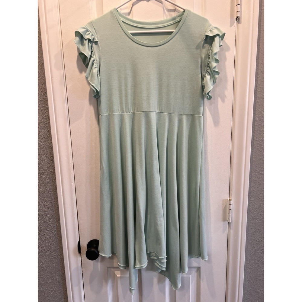 Girls Tween Green Flutter Ruffle Sleeve Handkerchief Hem Twirl Dress XXL 12-13Y